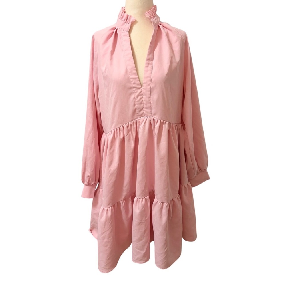 Pink Tiered Babydoll Mini Dress Size Medium Cottagecore Ruffle Neck Long Sleeve - Picture 2 of 8